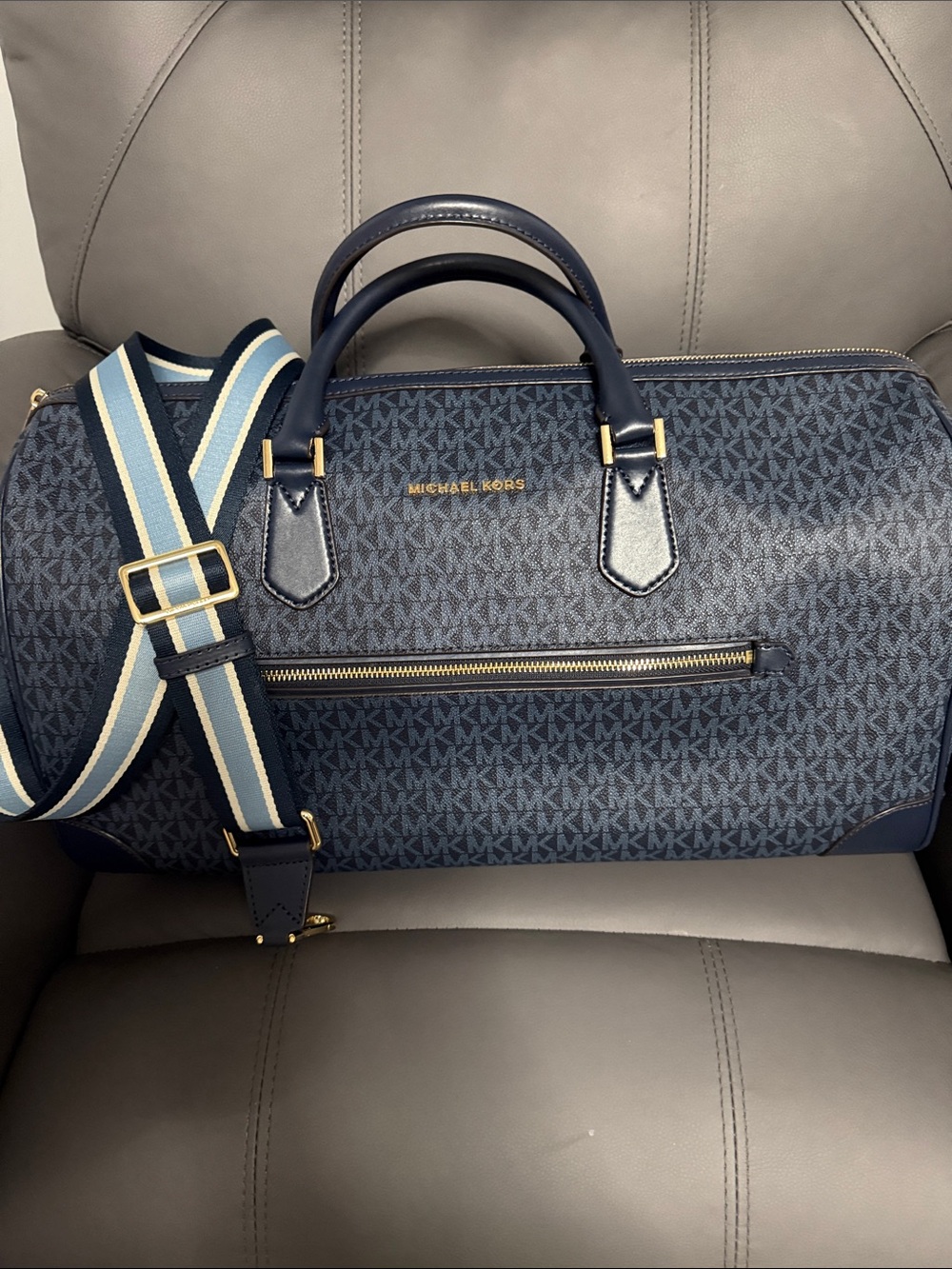 Michael Kors Navy MK Logo Duffel with Striped Blue-White Strap